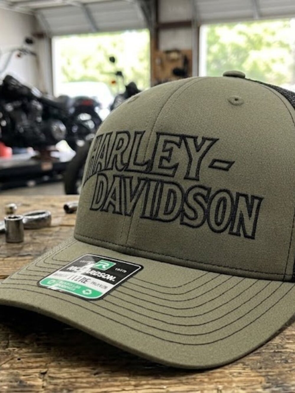 Vintage-Inspired Harley Davidson Hat Embroidered Richardson 112 Olive Snap Cap